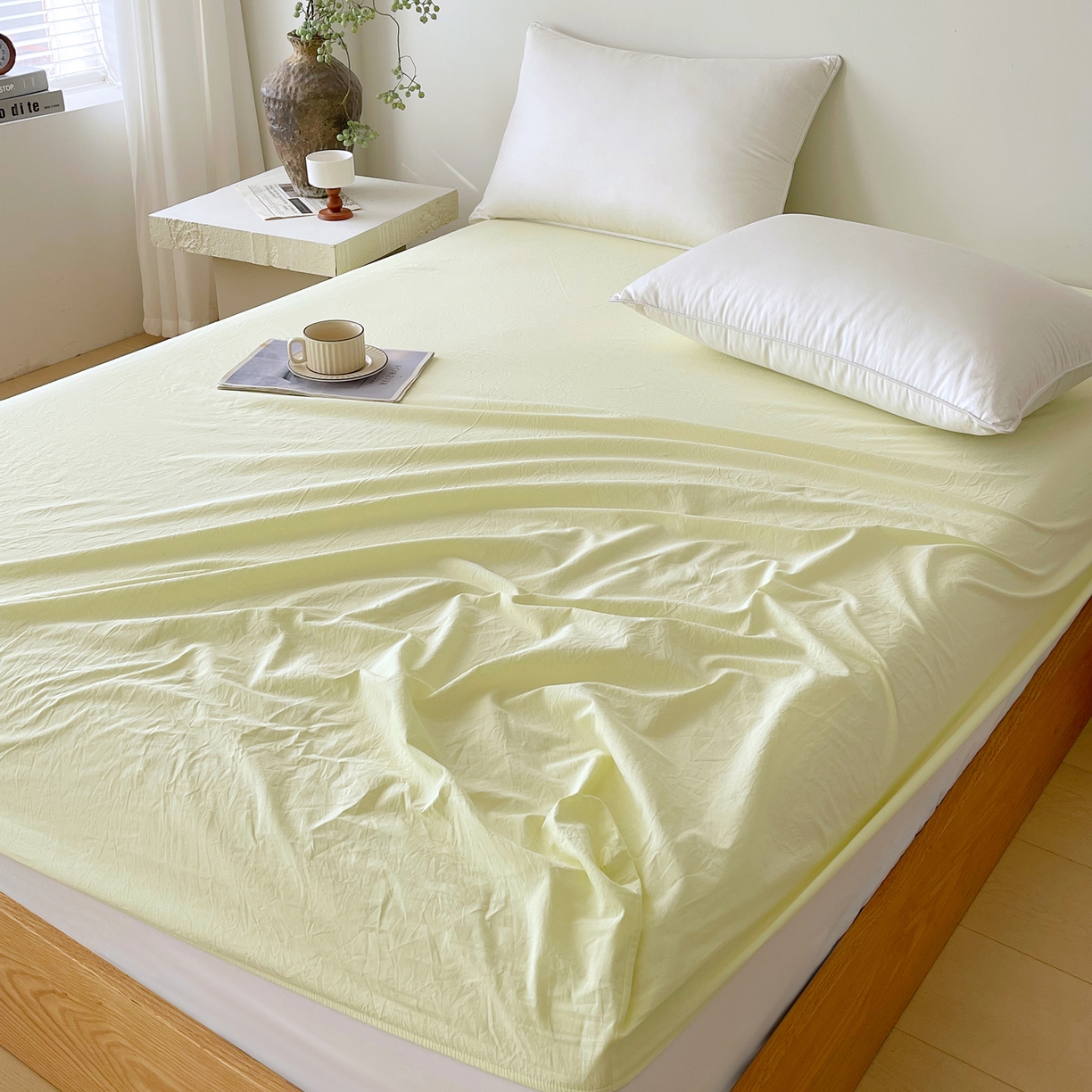 91家纺网 家纺一手货源 找家纺 春皖家纺 2026春夏新款双拼全棉纯棉水洗棉单床笠 床笠单件 素雅淡黄