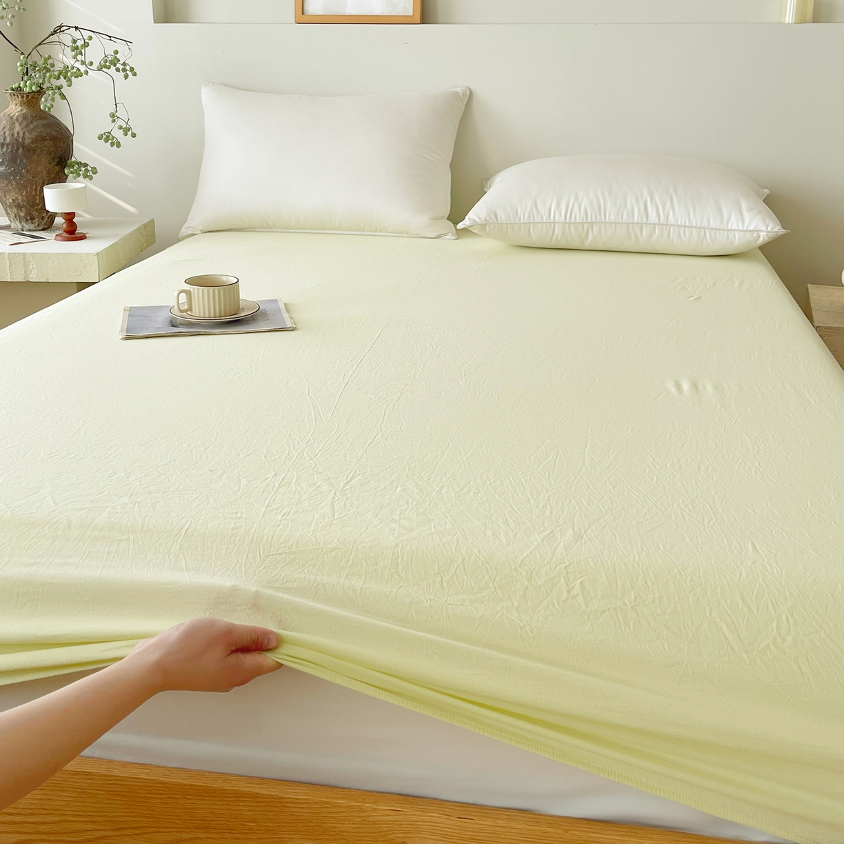 91家纺网 家纺一手货源 找家纺 春皖家纺 2026春夏新款双拼全棉纯棉水洗棉单床笠 床笠单件 素雅淡黄