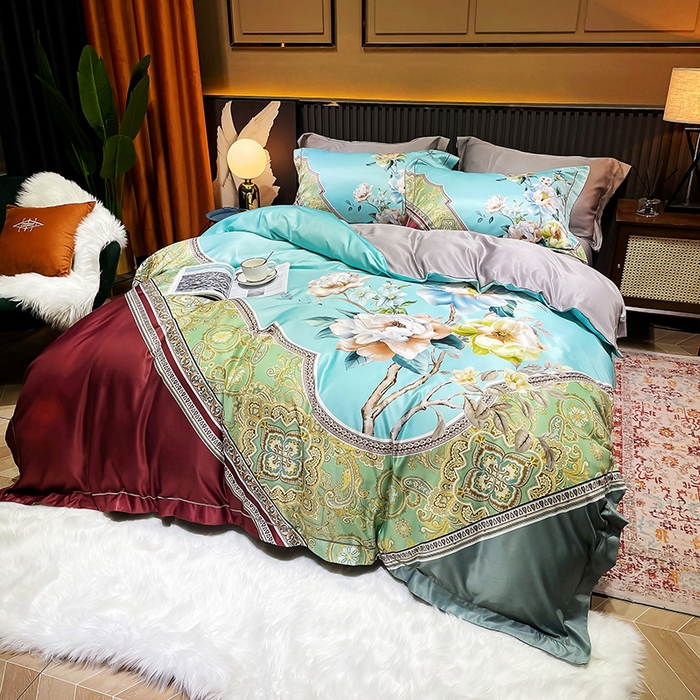 91家纺网 家纺一手货源 找家纺 玉相逢 2026春夏新品水洗仿天丝数码凉感丝四件套系列 花香琉璃-红