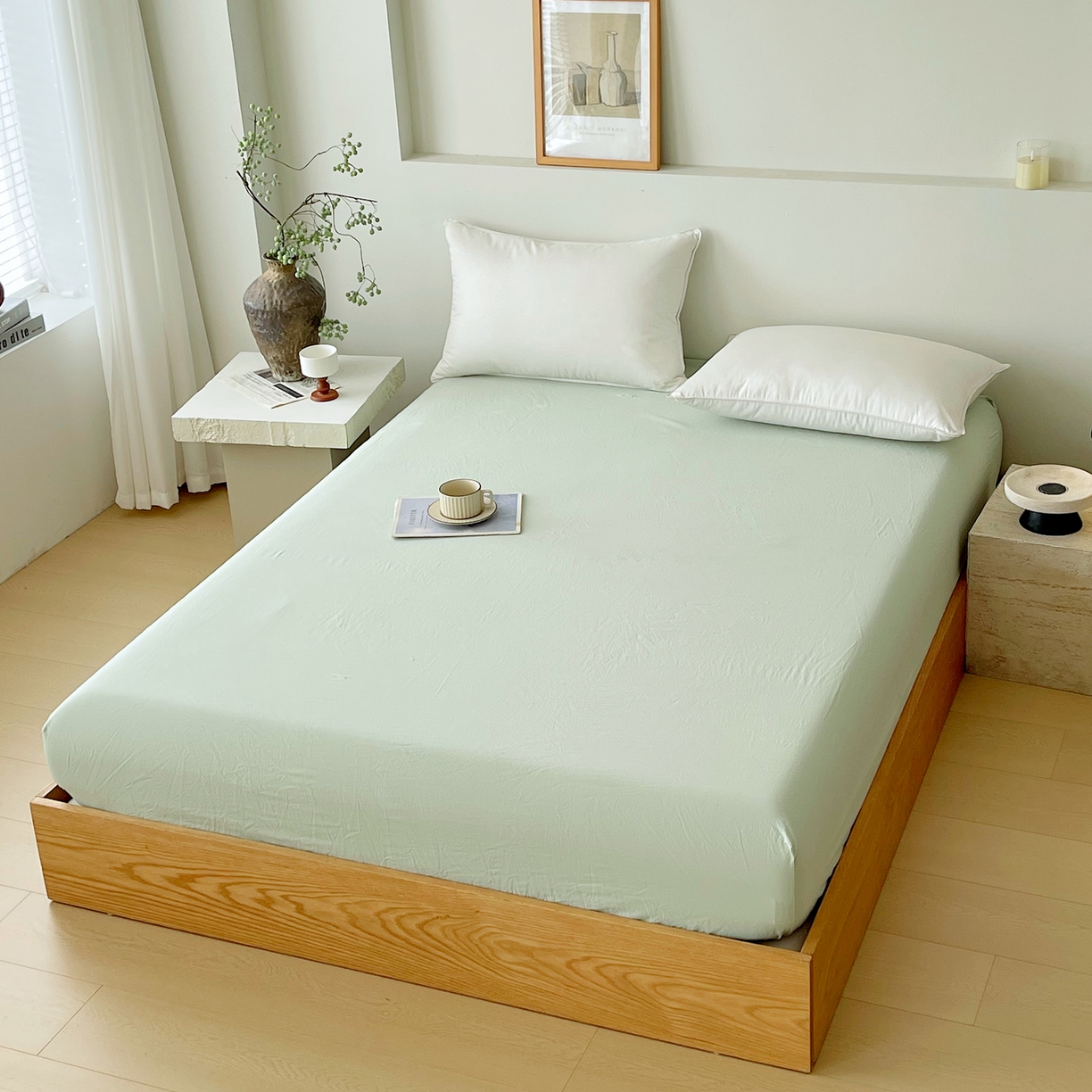 91家纺网 家纺一手货源 找家纺 春皖家纺 2026春夏新款双拼全棉纯棉水洗棉单床笠 床笠单件 素雅果绿