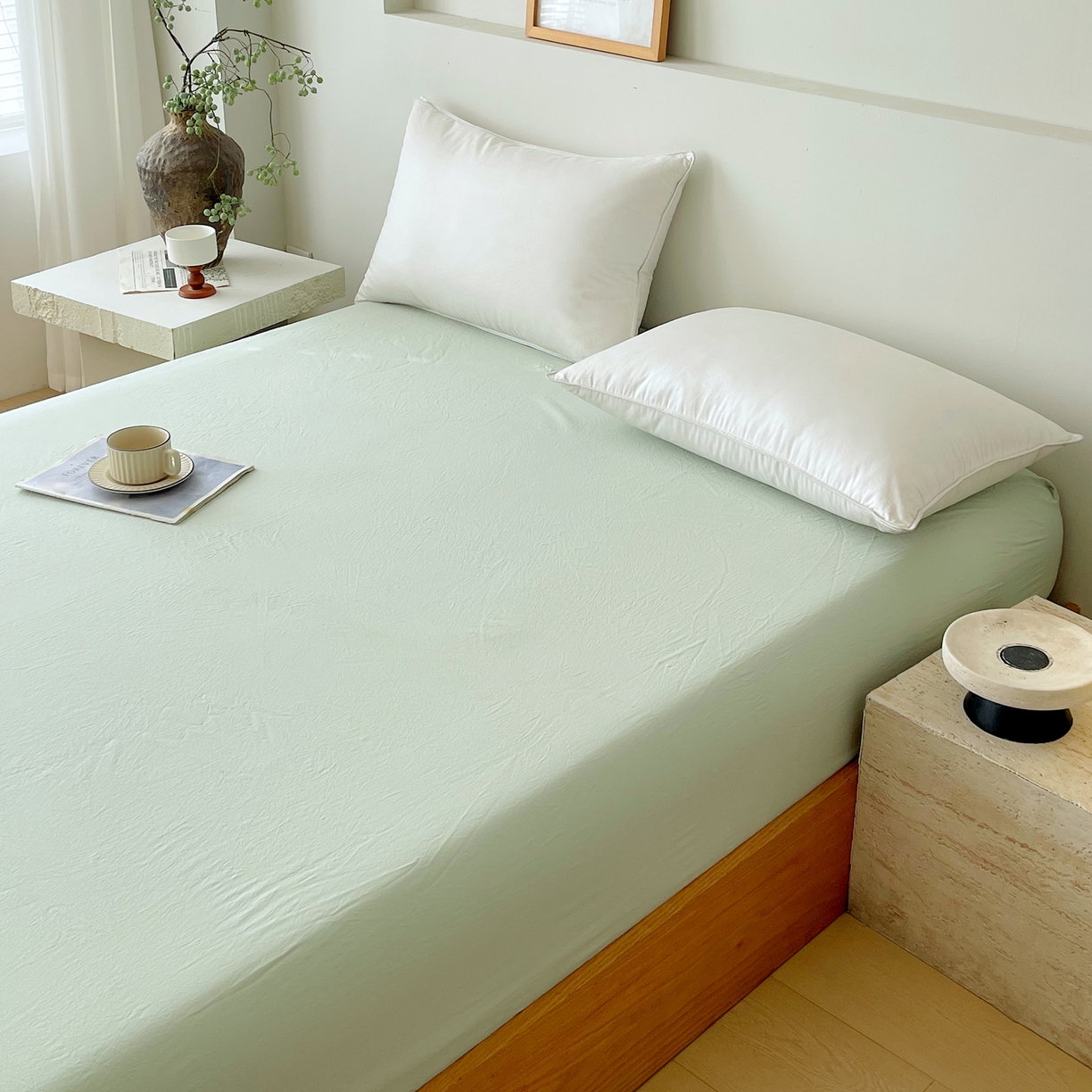 91家纺网 家纺一手货源 找家纺 春皖家纺 2026春夏新款双拼全棉纯棉水洗棉单床笠 床笠单件 素雅果绿