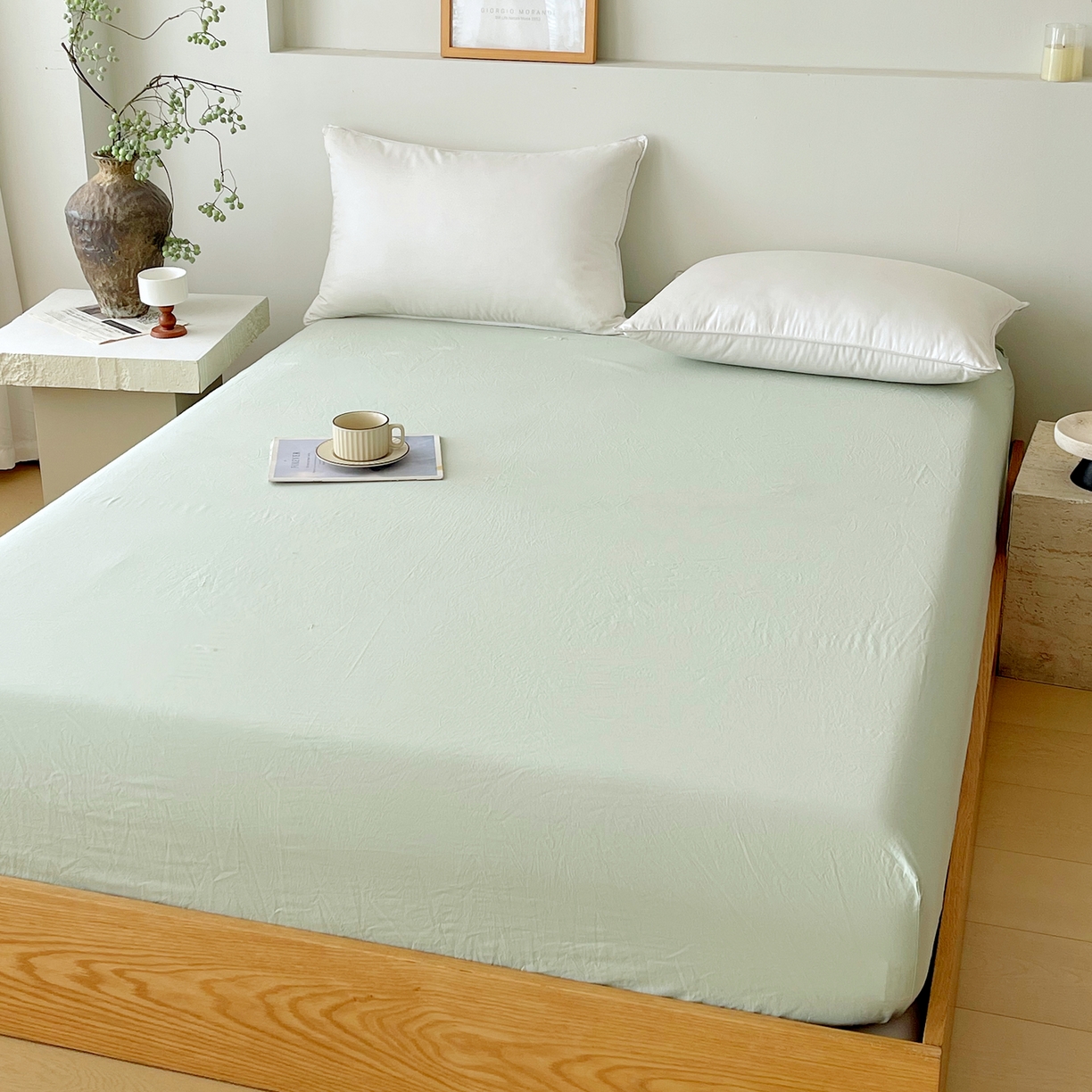 91家纺网 家纺一手货源 找家纺 春皖家纺 2026春夏新款双拼全棉纯棉水洗棉单床笠 床笠单件 素雅果绿