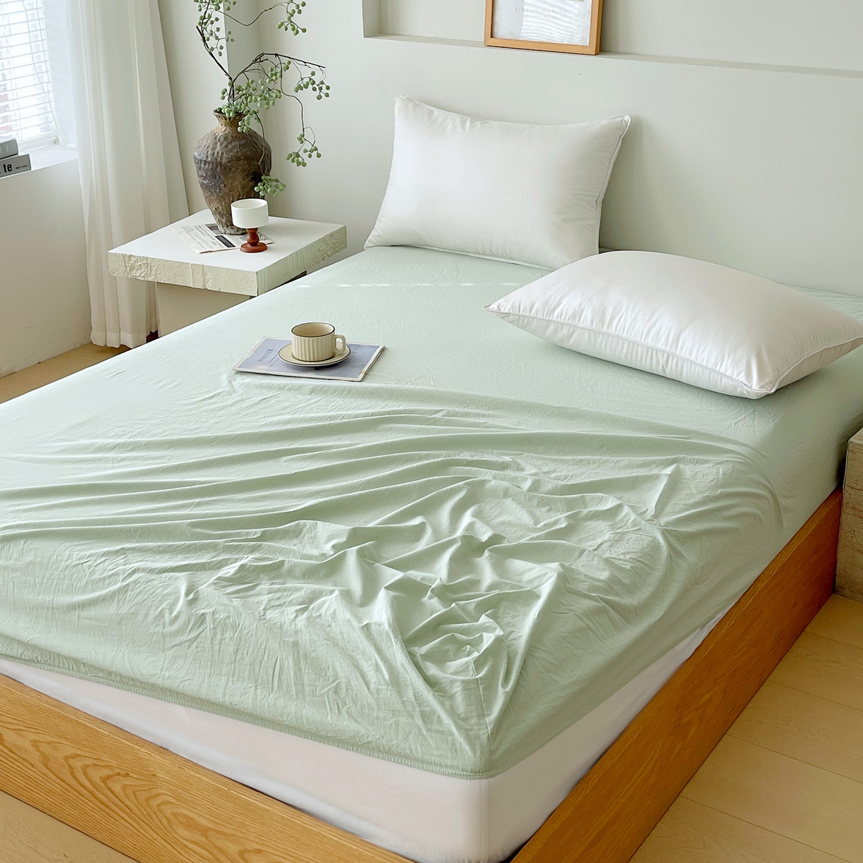 91家纺网 家纺一手货源 找家纺 春皖家纺 2026春夏新款双拼全棉纯棉水洗棉单床笠 床笠单件 素雅果绿