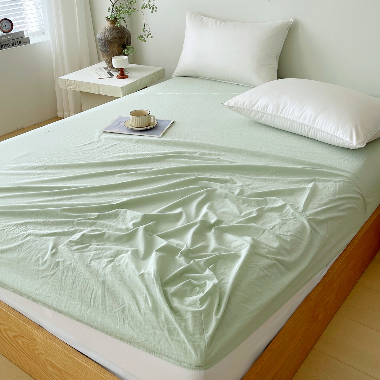 91家纺网 家纺一手货源 找家纺 春皖家纺 2026春夏新款双拼全棉纯棉水洗棉单床笠 床笠单件 素雅果绿