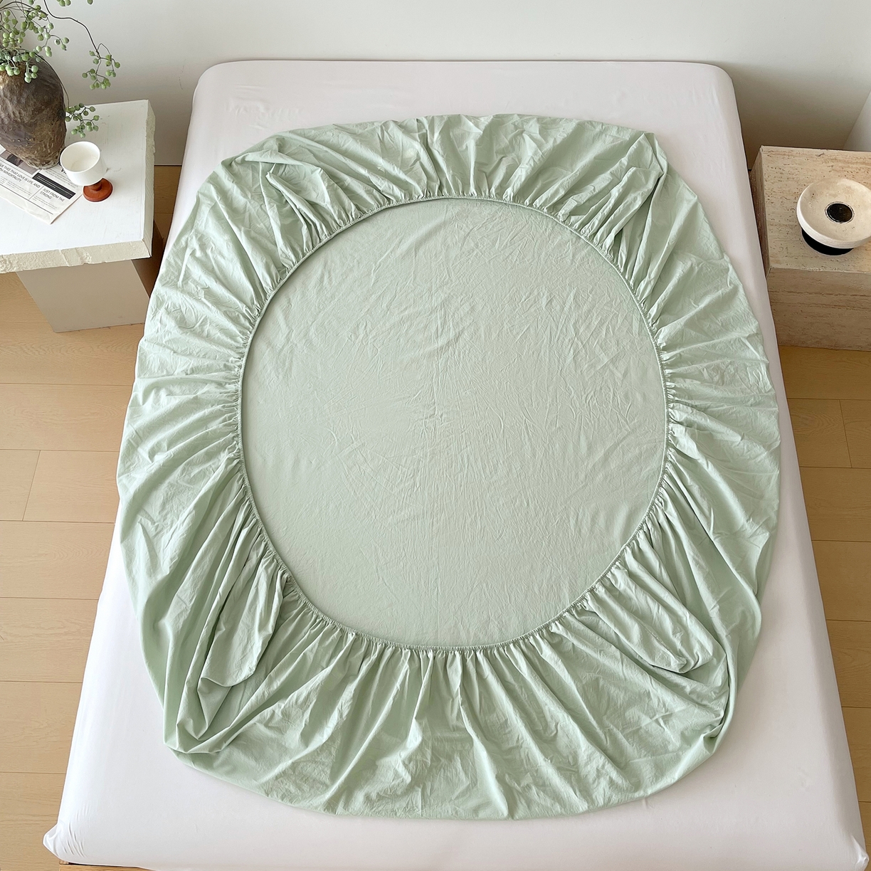 91家纺网 家纺一手货源 找家纺 春皖家纺 2026春夏新款双拼全棉纯棉水洗棉单床笠 床笠单件 素雅果绿