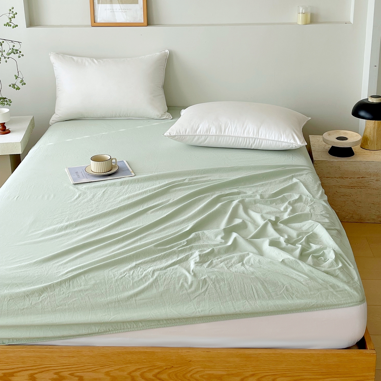 91家纺网 家纺一手货源 找家纺 春皖家纺 2026春夏新款双拼全棉纯棉水洗棉单床笠 床笠单件 素雅果绿