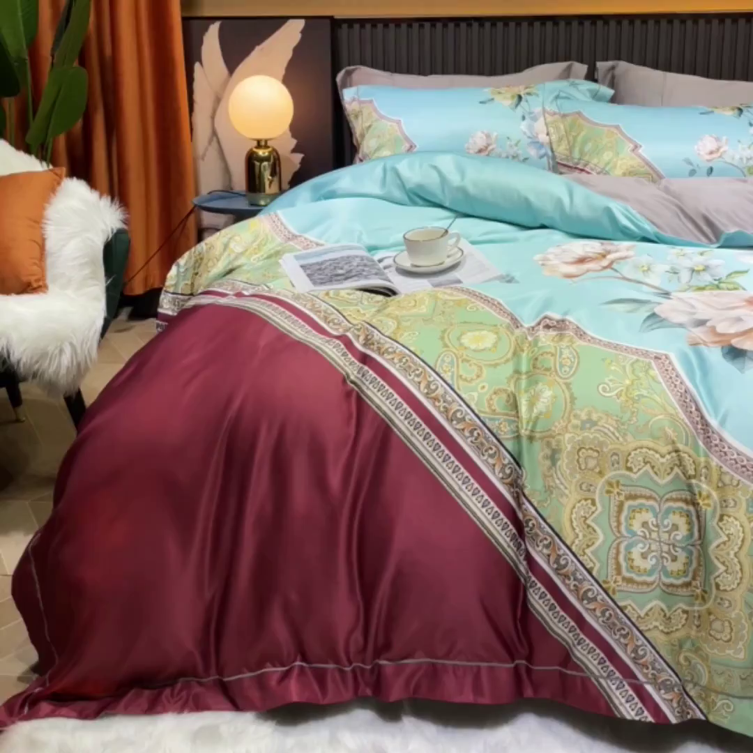 91家纺网 家纺一手货源 找家纺 玉相逢 2026春夏新品水洗仿天丝数码凉感丝四件套系列 花香琉璃-红