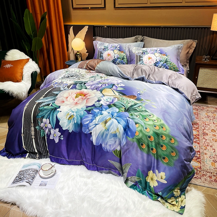 91家纺网 家纺一手货源 找家纺 玉相逢 2026春夏新品水洗仿天丝数码凉感丝四件套系列 华尔兹-紫