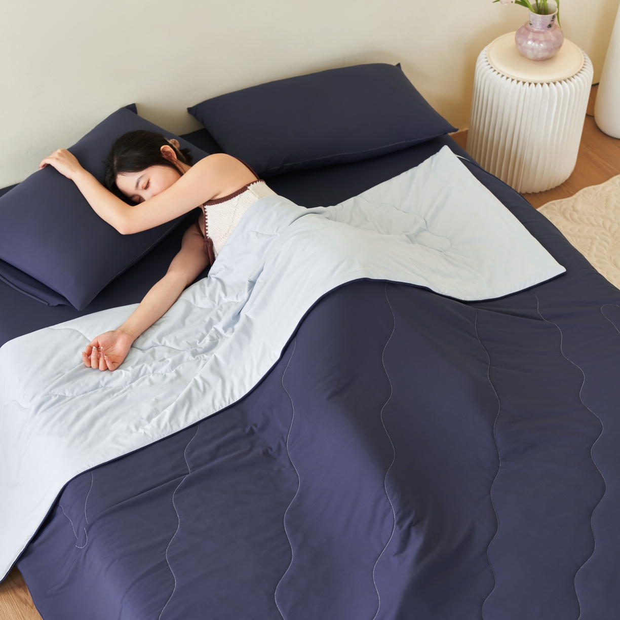 亿梵家居 2026新款西瓜啵啵凉感夏被夏凉被空调被 深睡蓝-天空蓝