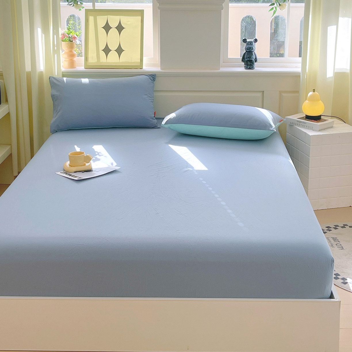 91家纺网 家纺一手货源 找家纺 春皖家纺 2026春夏新款双拼全棉纯棉水洗棉单床笠 床笠单件 素雅幻蓝