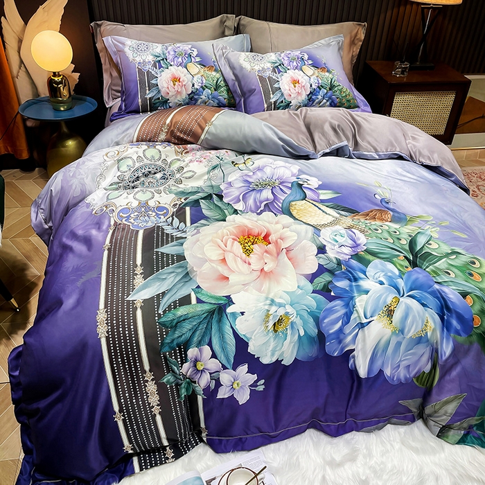 91家纺网 家纺一手货源 找家纺 玉相逢 2026春夏新品水洗仿天丝数码凉感丝四件套系列 华尔兹-紫