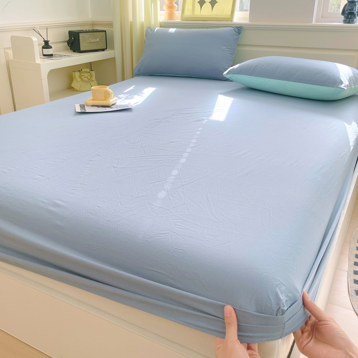 91家纺网 家纺一手货源 找家纺 春皖家纺 2026春夏新款双拼全棉纯棉水洗棉单床笠 床笠单件 素雅幻蓝