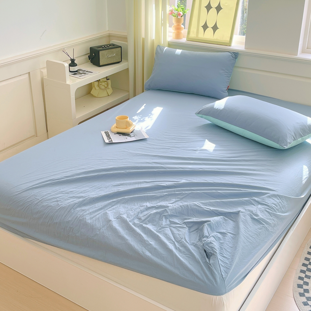 91家纺网 家纺一手货源 找家纺 春皖家纺 2026春夏新款双拼全棉纯棉水洗棉单床笠 床笠单件 素雅幻蓝