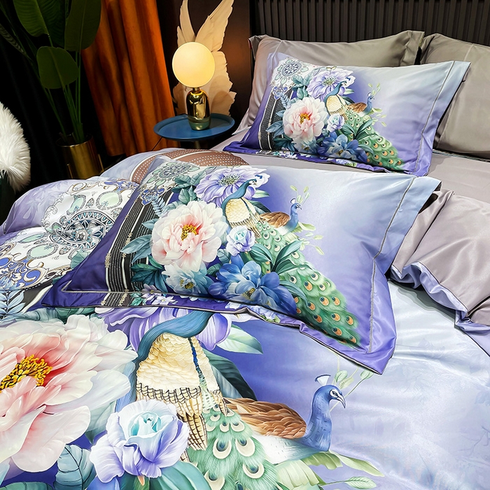 91家纺网 家纺一手货源 找家纺 玉相逢 2026春夏新品水洗仿天丝数码凉感丝四件套系列 华尔兹-紫