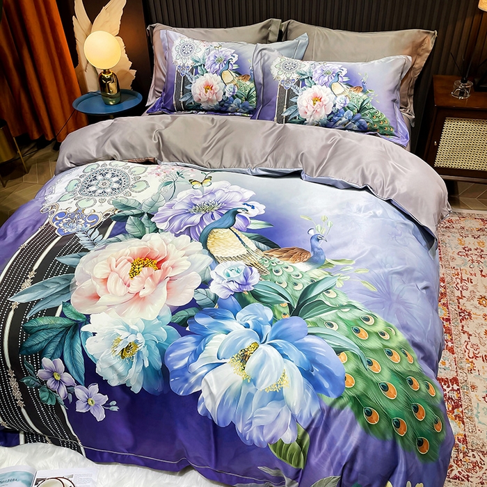 91家纺网 家纺一手货源 找家纺 玉相逢 2026春夏新品水洗仿天丝数码凉感丝四件套系列 华尔兹-紫