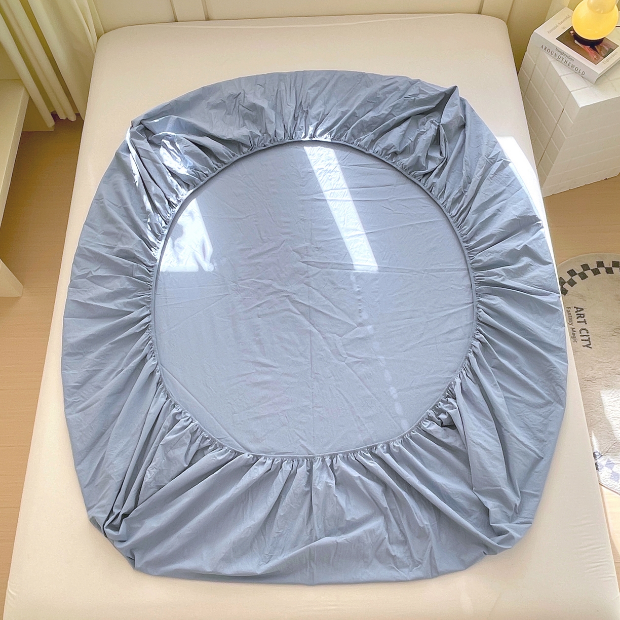 91家纺网 家纺一手货源 找家纺 春皖家纺 2026春夏新款双拼全棉纯棉水洗棉单床笠 床笠单件 素雅幻蓝