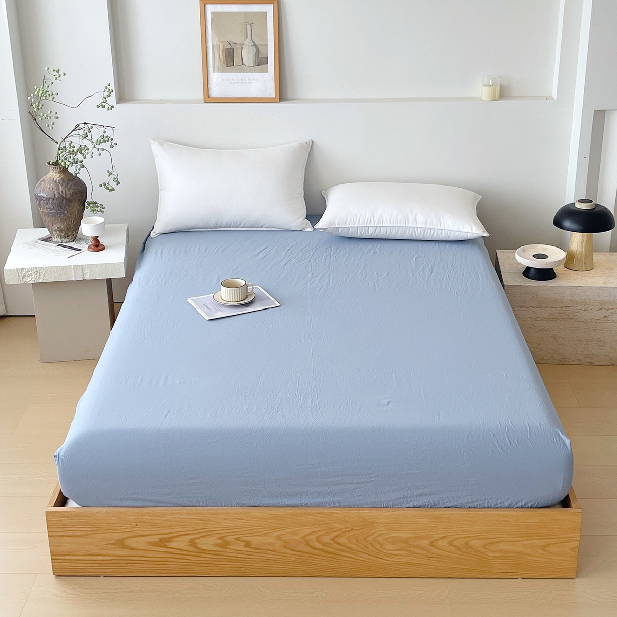 91家纺网 家纺一手货源 找家纺 春皖家纺 2026春夏新款双拼全棉纯棉水洗棉单床笠 床笠单件 素雅幻蓝