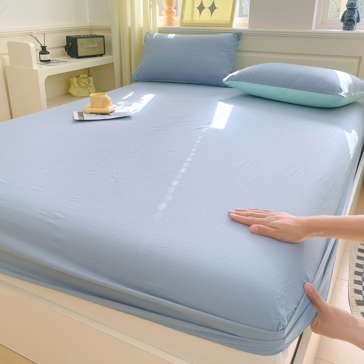 91家纺网 家纺一手货源 找家纺 春皖家纺 2026春夏新款双拼全棉纯棉水洗棉单床笠 床笠单件 素雅幻蓝