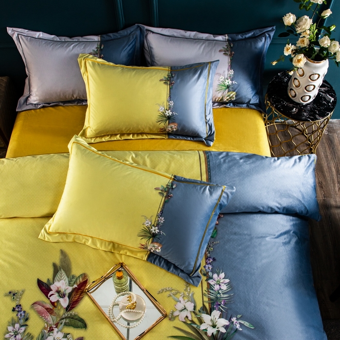 91家纺网 家纺一手货源 找家纺 玉相逢 2026春夏新品水洗仿天丝数码凉感丝四件套系列 米莱-黄