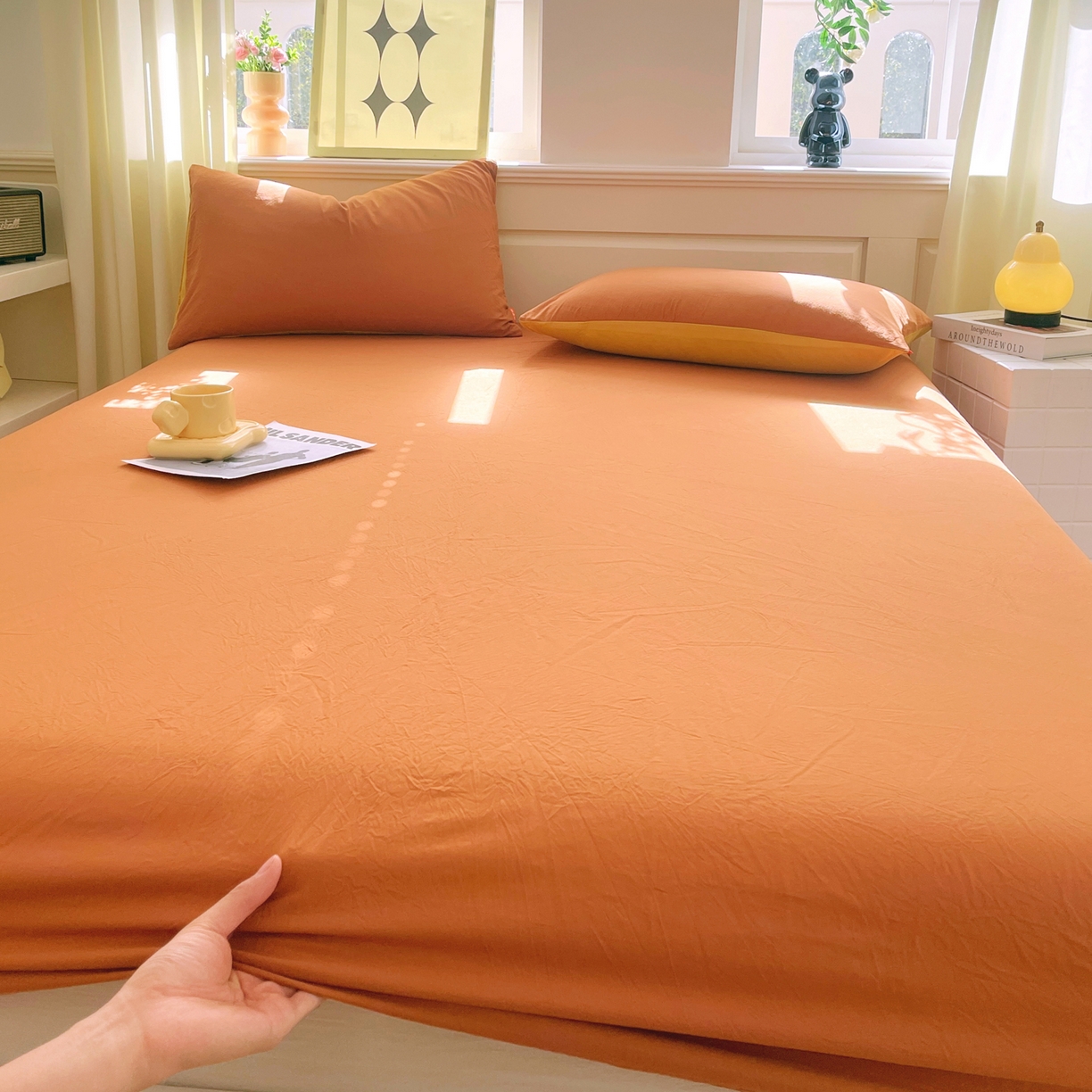 91家纺网 家纺一手货源 找家纺 春皖家纺 2026春夏新款双拼全棉纯棉水洗棉单床笠 床笠单件 素雅焦糖