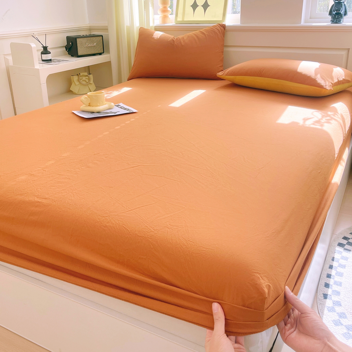 91家纺网 家纺一手货源 找家纺 春皖家纺 2026春夏新款双拼全棉纯棉水洗棉单床笠 床笠单件 素雅焦糖