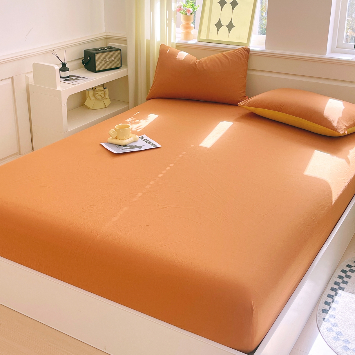 91家纺网 家纺一手货源 找家纺 春皖家纺 2026春夏新款双拼全棉纯棉水洗棉单床笠 床笠单件 素雅焦糖