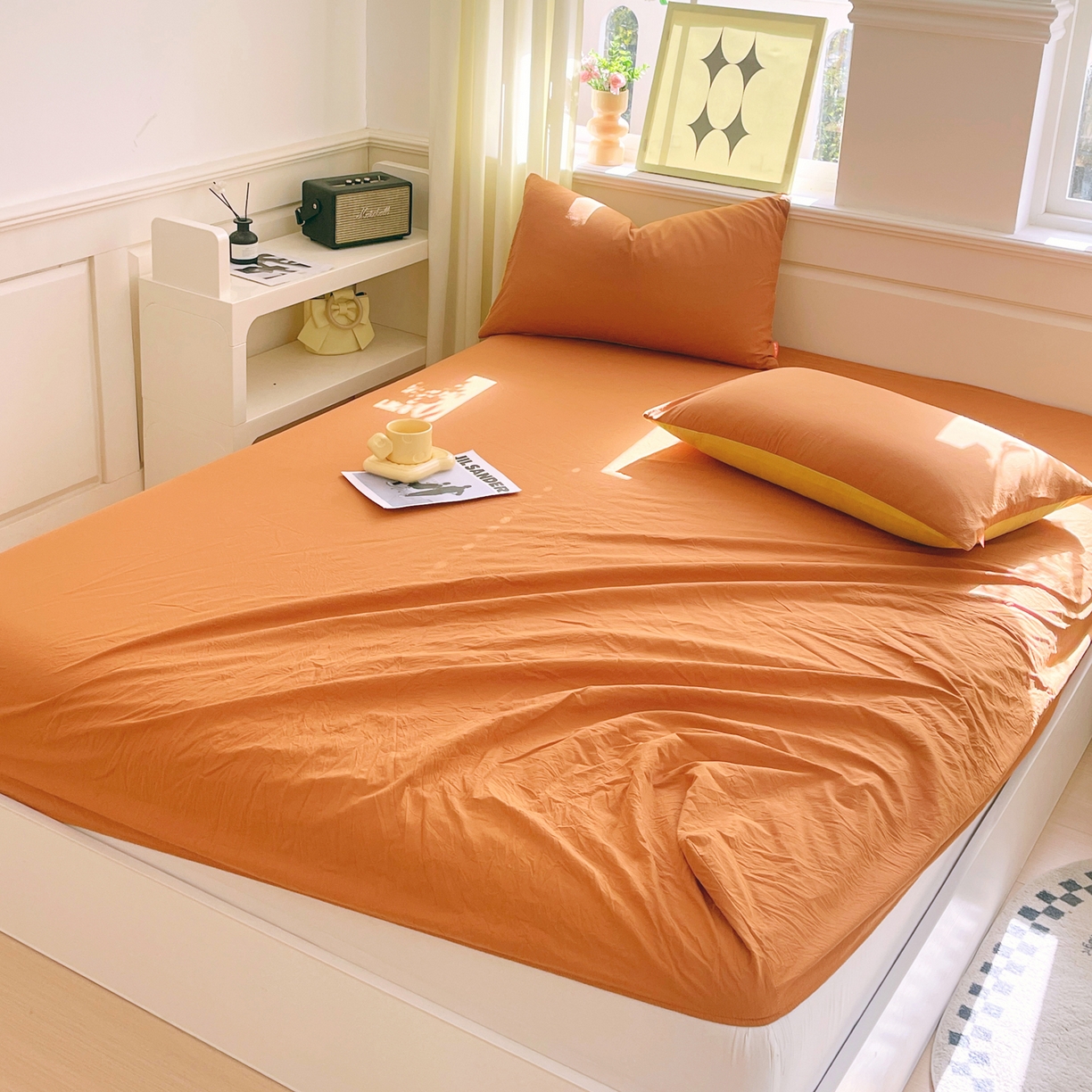 91家纺网 家纺一手货源 找家纺 春皖家纺 2026春夏新款双拼全棉纯棉水洗棉单床笠 床笠单件 素雅焦糖