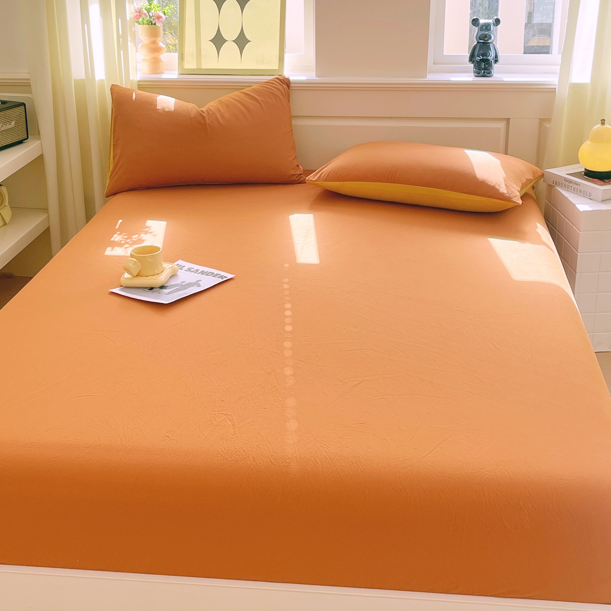 91家纺网 家纺一手货源 找家纺 春皖家纺 2026春夏新款双拼全棉纯棉水洗棉单床笠 床笠单件 素雅焦糖