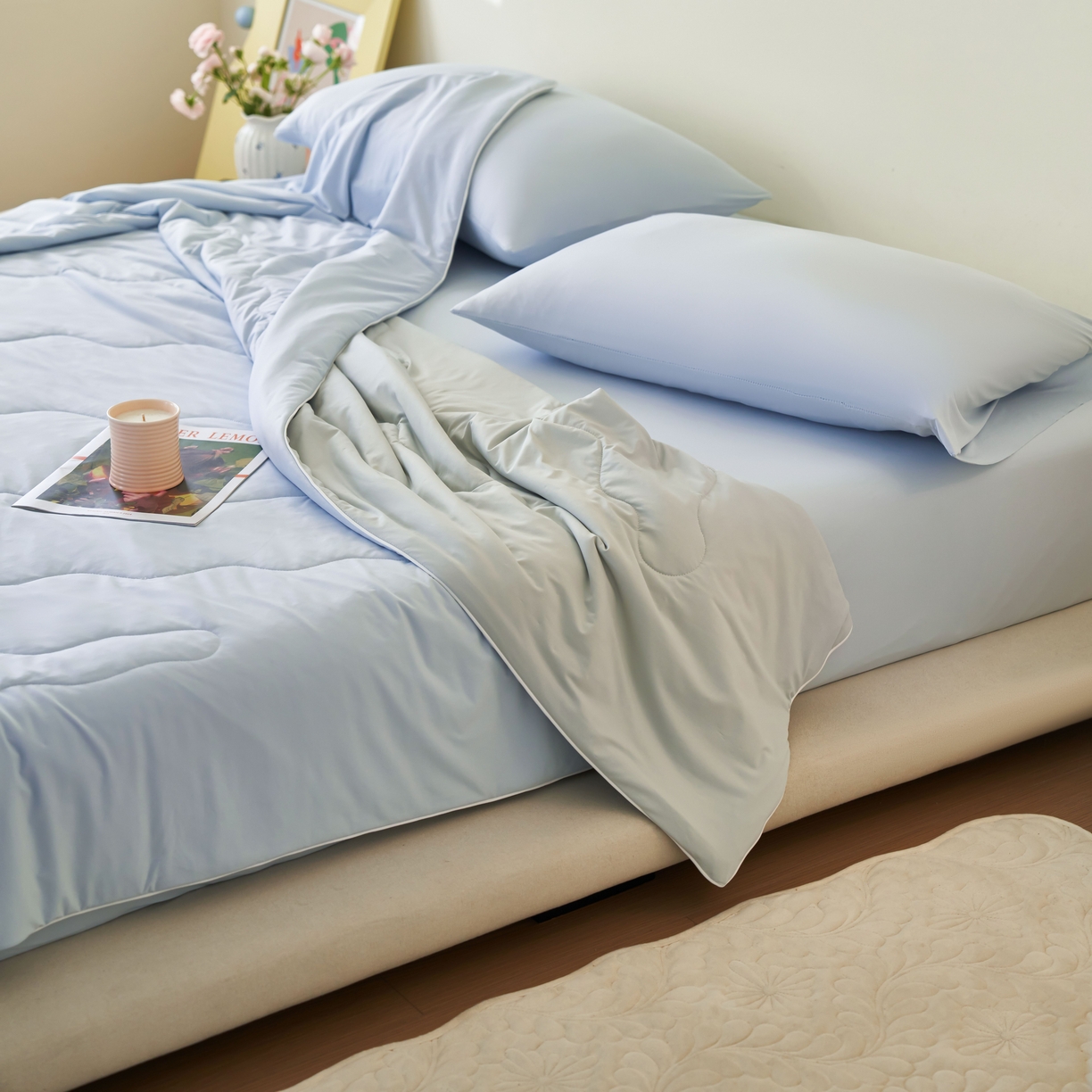 91家纺网 家纺一手货源 找家纺 亿梵家居 2026新款西瓜啵啵凉感夏被夏凉被空调被 天空蓝-轻奢灰