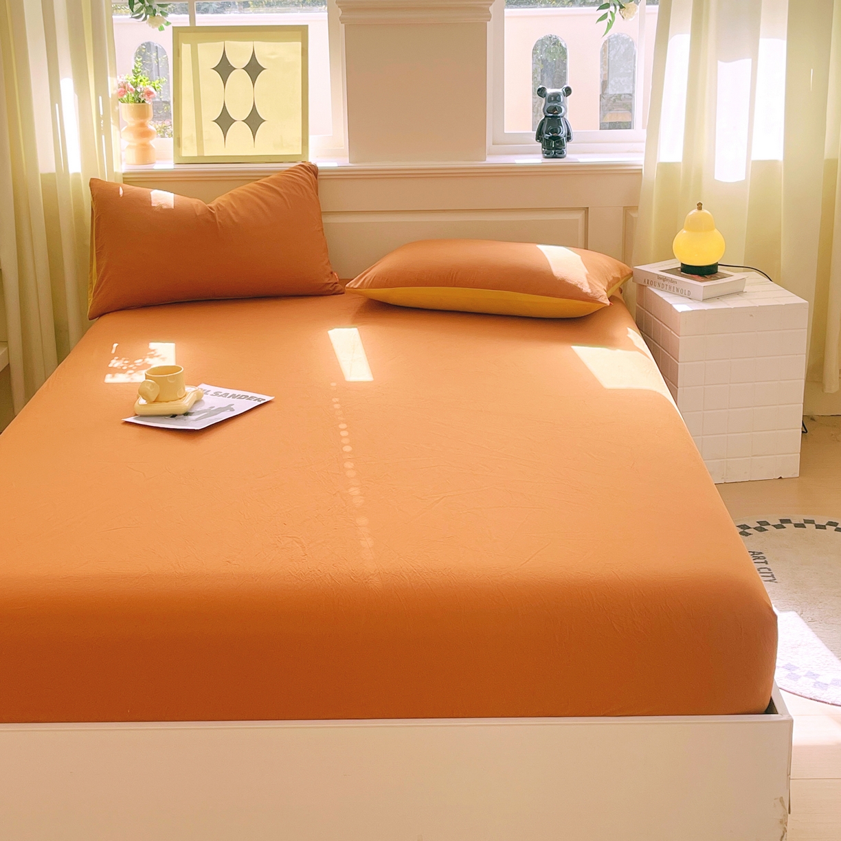 91家纺网 家纺一手货源 找家纺 春皖家纺 2026春夏新款双拼全棉纯棉水洗棉单床笠 床笠单件 素雅焦糖