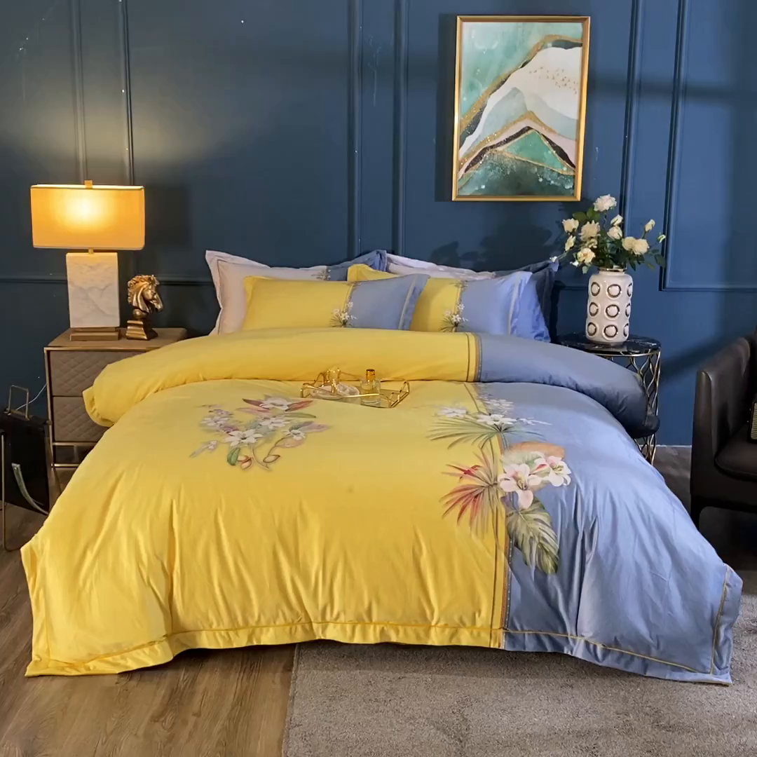 91家纺网 家纺一手货源 找家纺 玉相逢 2026春夏新品水洗仿天丝数码凉感丝四件套系列 米莱-黄