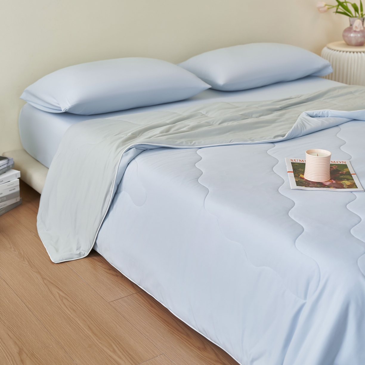 91家纺网 家纺一手货源 找家纺 亿梵家居 2026新款西瓜啵啵凉感夏被夏凉被空调被 天空蓝-轻奢灰