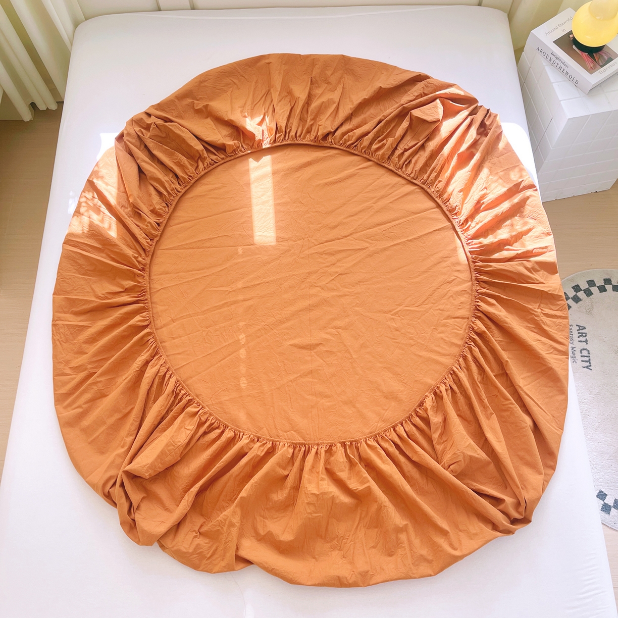 91家纺网 家纺一手货源 找家纺 春皖家纺 2026春夏新款双拼全棉纯棉水洗棉单床笠 床笠单件 素雅焦糖