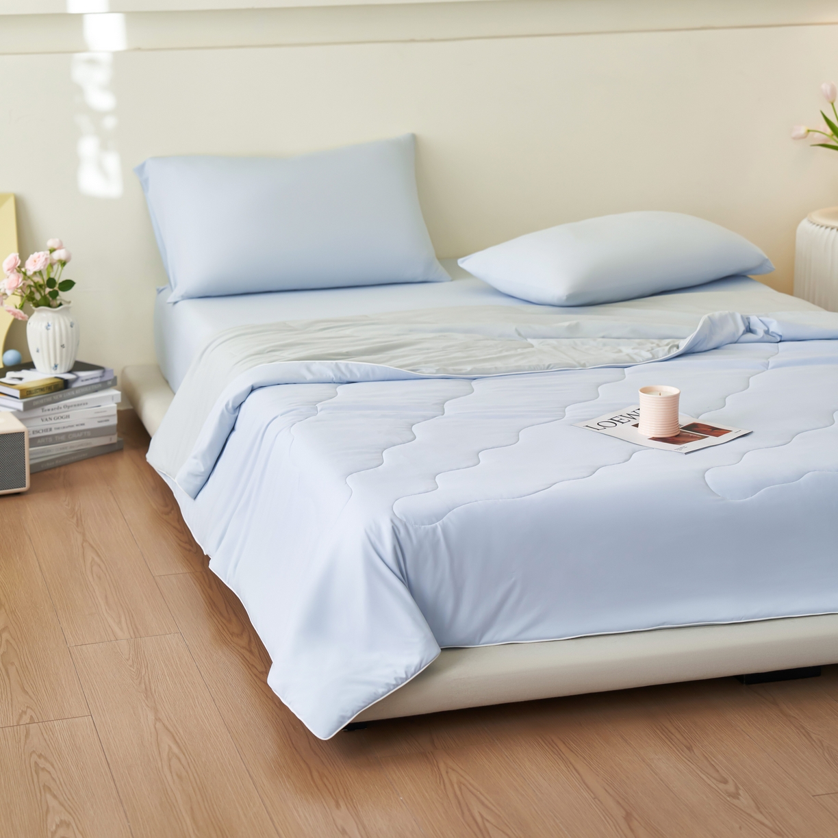 91家纺网 家纺一手货源 找家纺 亿梵家居 2026新款西瓜啵啵凉感夏被夏凉被空调被 天空蓝-轻奢灰