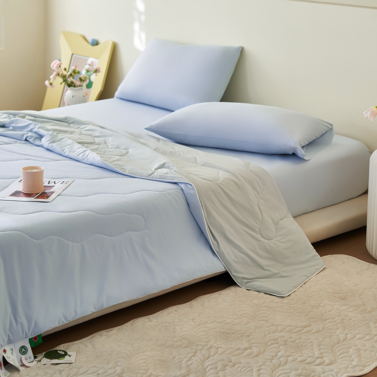 91家纺网 家纺一手货源 找家纺 亿梵家居 2026新款西瓜啵啵凉感夏被夏凉被空调被 天空蓝-轻奢灰