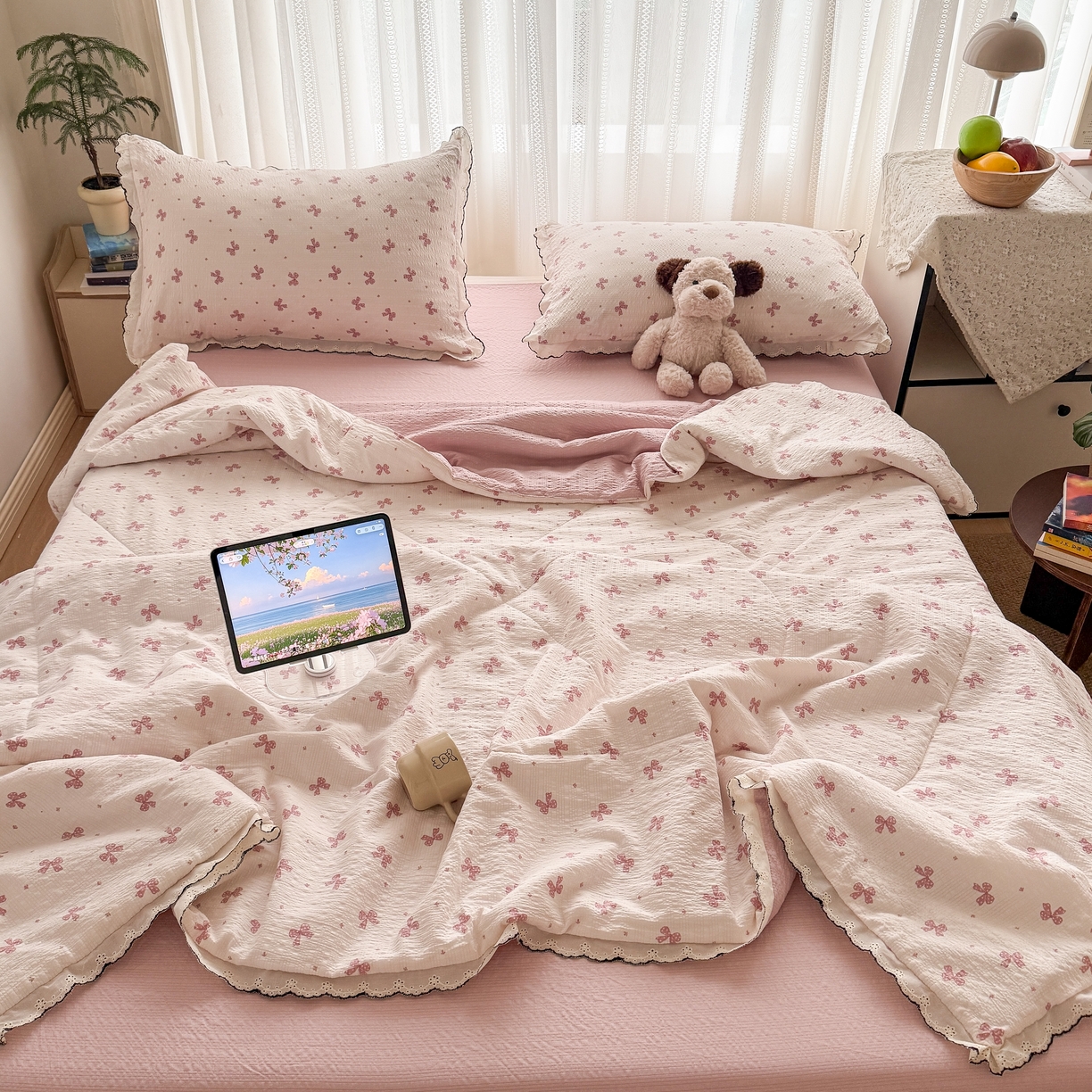 欧尚 2026新款蕾丝花边夏被款四件套 粉色蝴蝶结