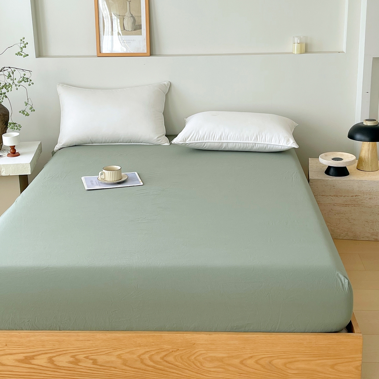 91家纺网 家纺一手货源 找家纺 春皖家纺 2026春夏新款双拼全棉纯棉水洗棉单床笠 床笠单件 素雅军绿