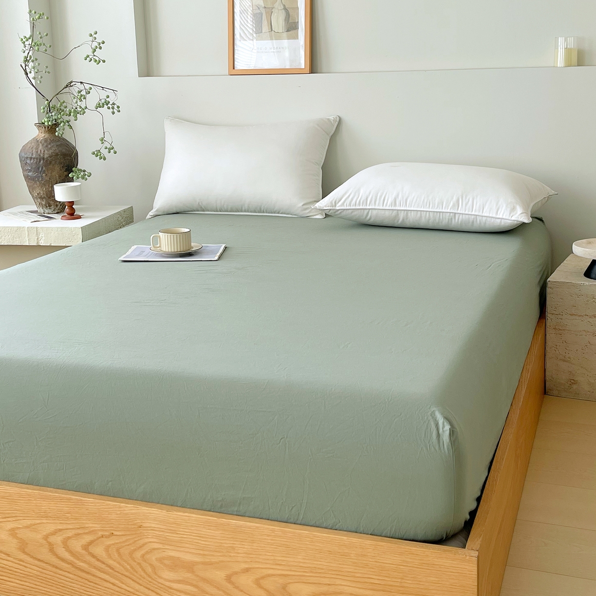 91家纺网 家纺一手货源 找家纺 春皖家纺 2026春夏新款双拼全棉纯棉水洗棉单床笠 床笠单件 素雅军绿