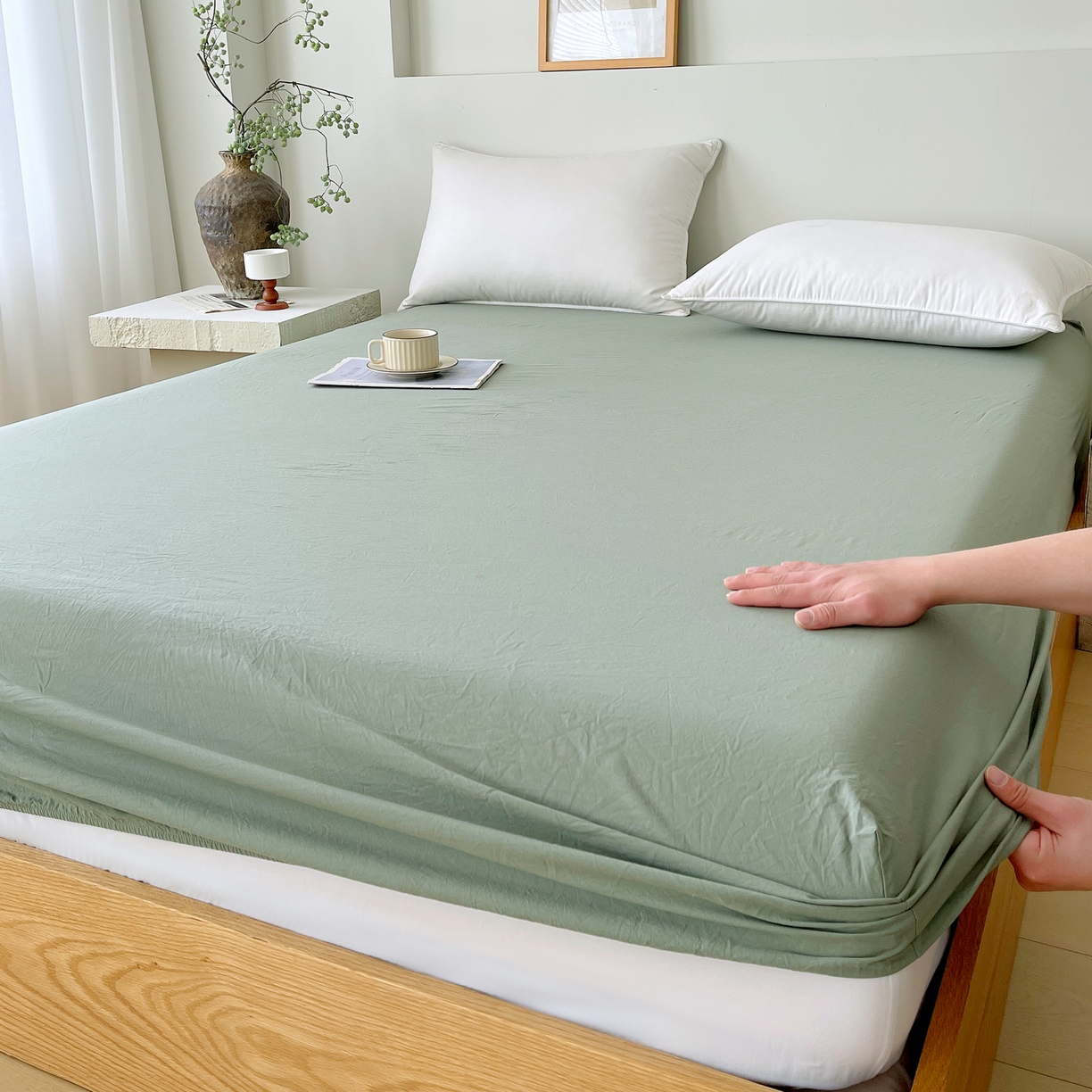 91家纺网 家纺一手货源 找家纺 春皖家纺 2026春夏新款双拼全棉纯棉水洗棉单床笠 床笠单件 素雅军绿