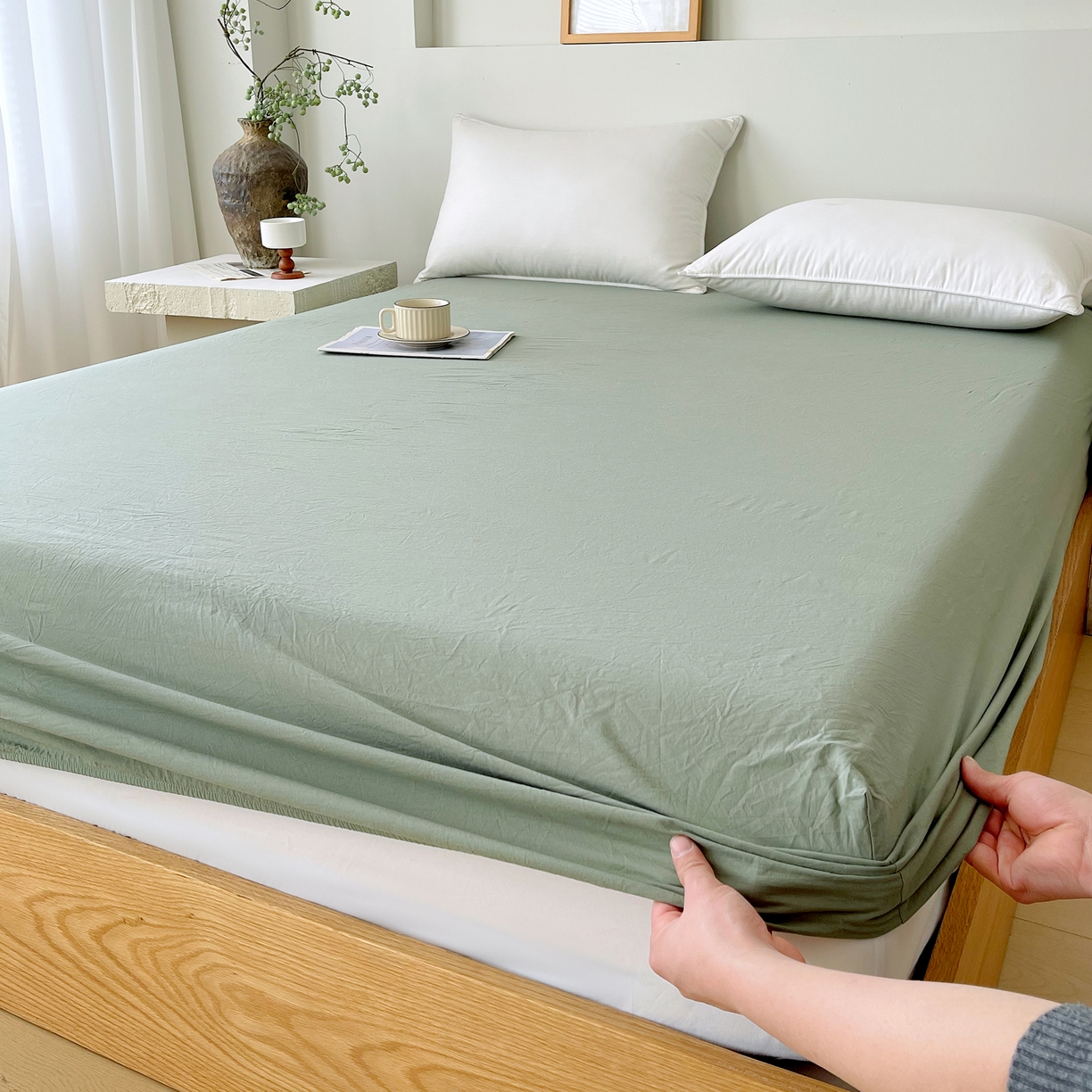 91家纺网 家纺一手货源 找家纺 春皖家纺 2026春夏新款双拼全棉纯棉水洗棉单床笠 床笠单件 素雅军绿