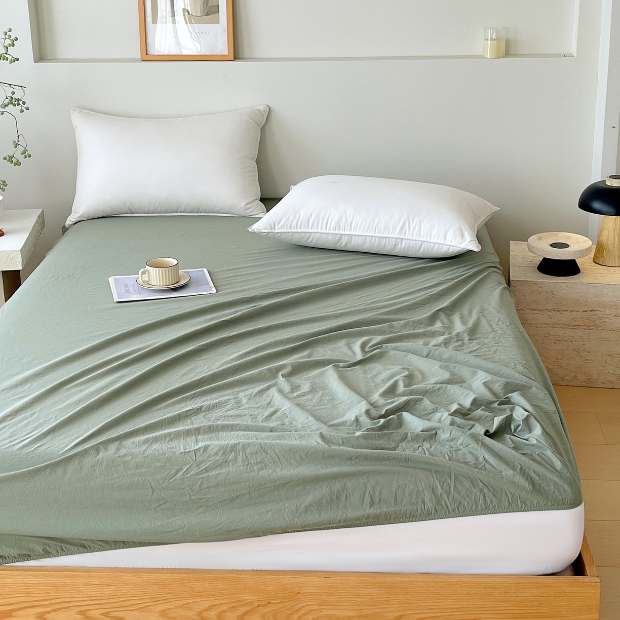 91家纺网 家纺一手货源 找家纺 春皖家纺 2026春夏新款双拼全棉纯棉水洗棉单床笠 床笠单件 素雅军绿