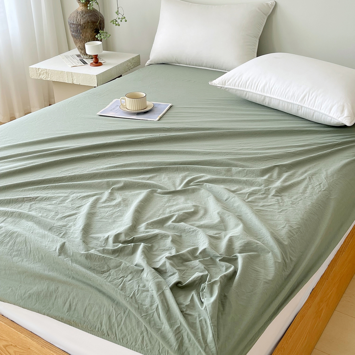 91家纺网 家纺一手货源 找家纺 春皖家纺 2026春夏新款双拼全棉纯棉水洗棉单床笠 床笠单件 素雅军绿