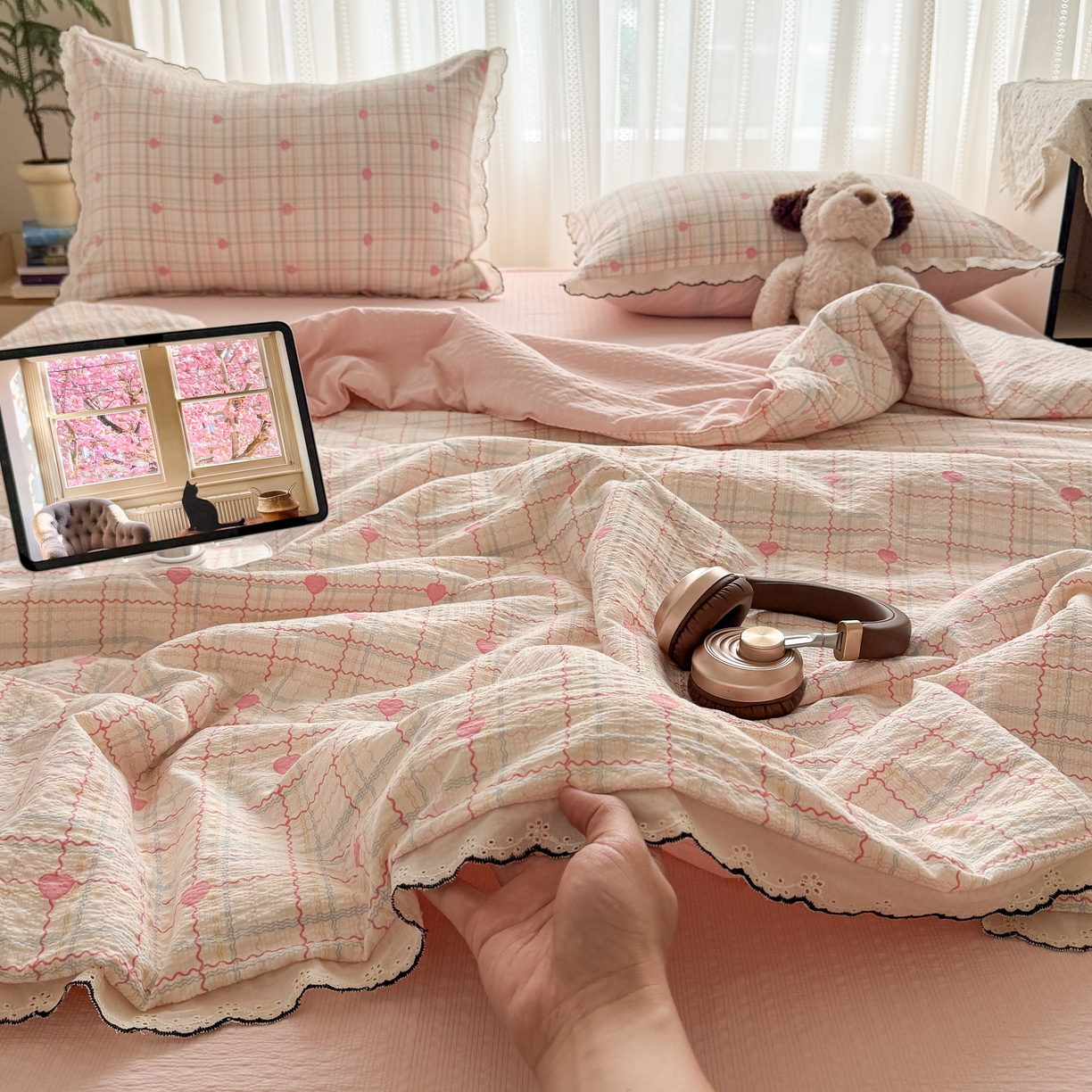 91家纺网 家纺一手货源 找家纺 欧尚 2026新款蕾丝花边夏被款四件套 格格心