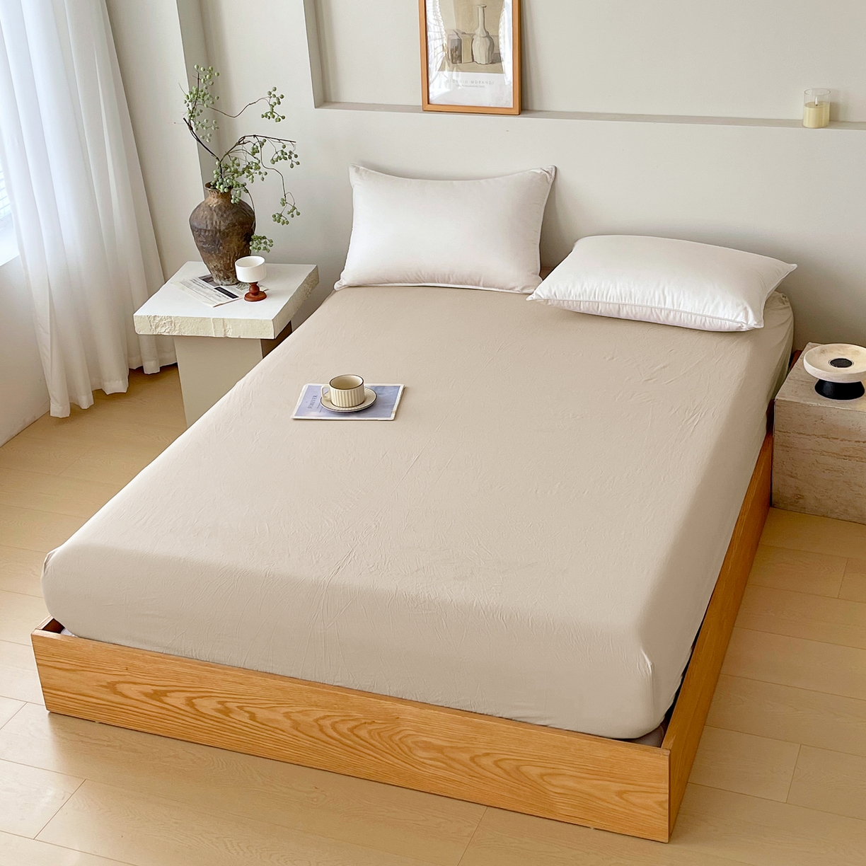 91家纺网 家纺一手货源 找家纺 春皖家纺 2026春夏新款双拼全棉纯棉水洗棉单床笠 床笠单件 素雅卡其