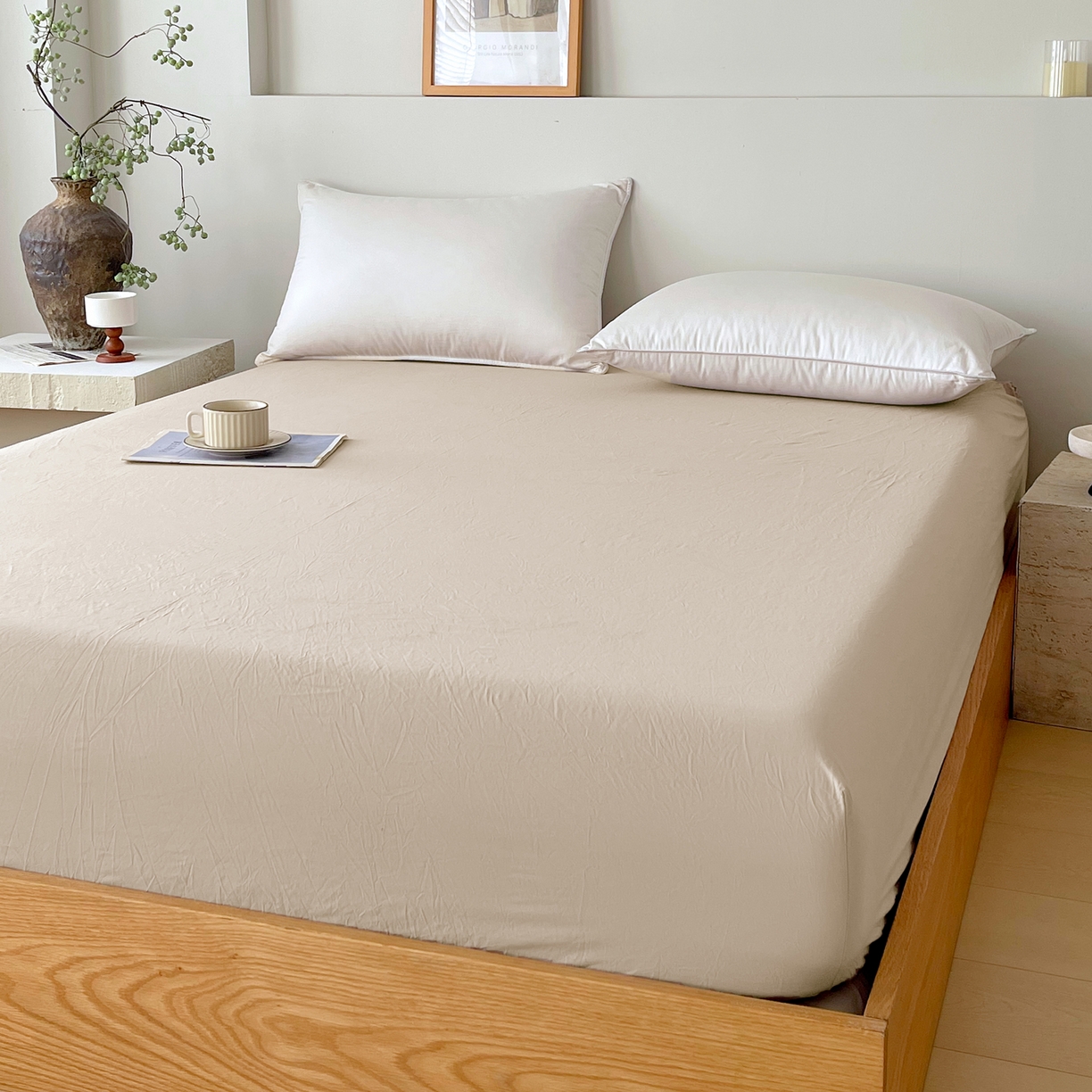 91家纺网 家纺一手货源 找家纺 春皖家纺 2026春夏新款双拼全棉纯棉水洗棉单床笠 床笠单件 素雅卡其