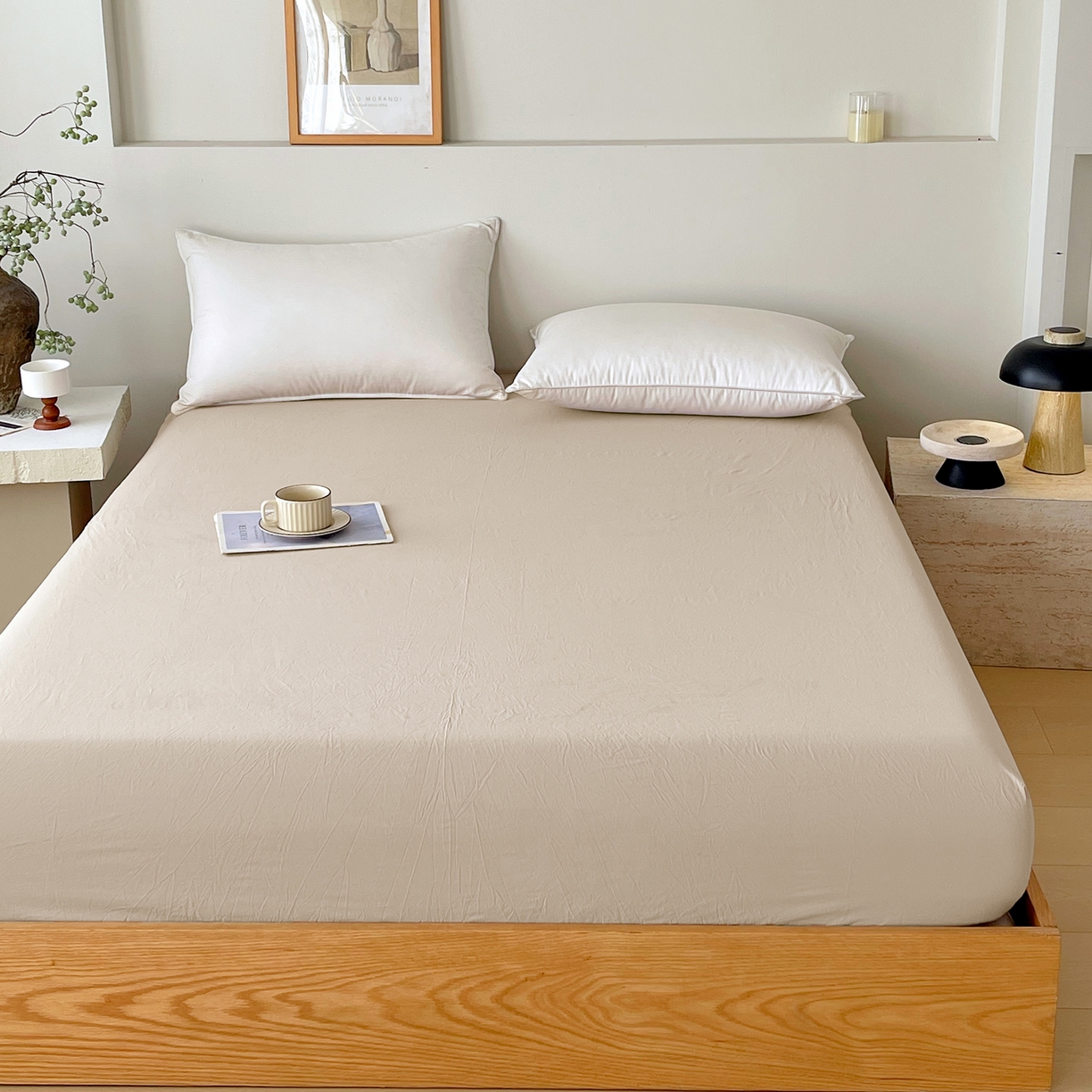 91家纺网 家纺一手货源 找家纺 春皖家纺 2026春夏新款双拼全棉纯棉水洗棉单床笠 床笠单件 素雅卡其