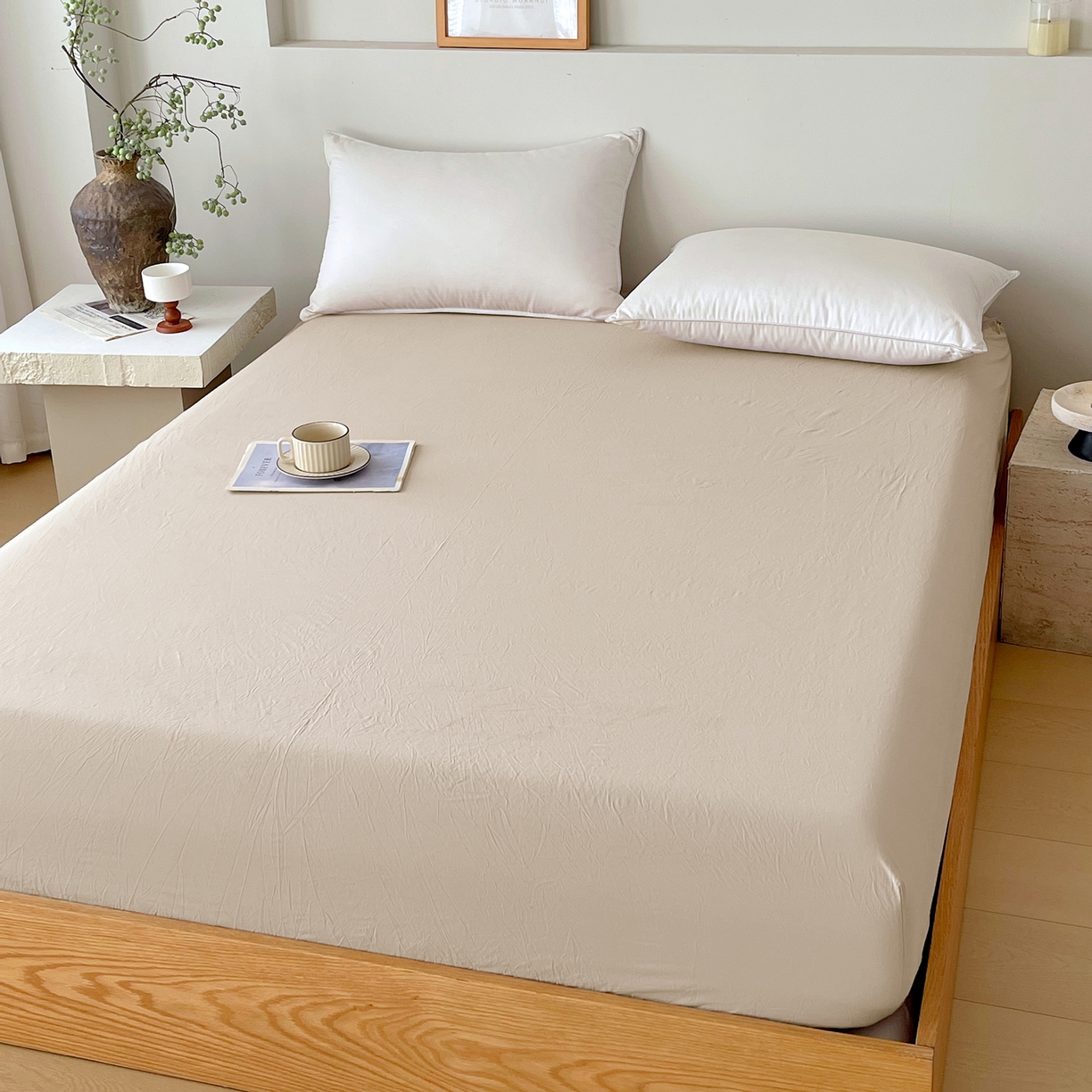 91家纺网 家纺一手货源 找家纺 春皖家纺 2026春夏新款双拼全棉纯棉水洗棉单床笠 床笠单件 素雅卡其