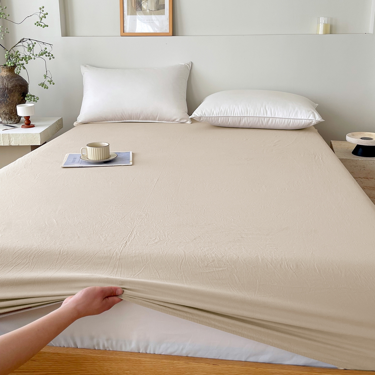 91家纺网 家纺一手货源 找家纺 春皖家纺 2026春夏新款双拼全棉纯棉水洗棉单床笠 床笠单件 素雅卡其