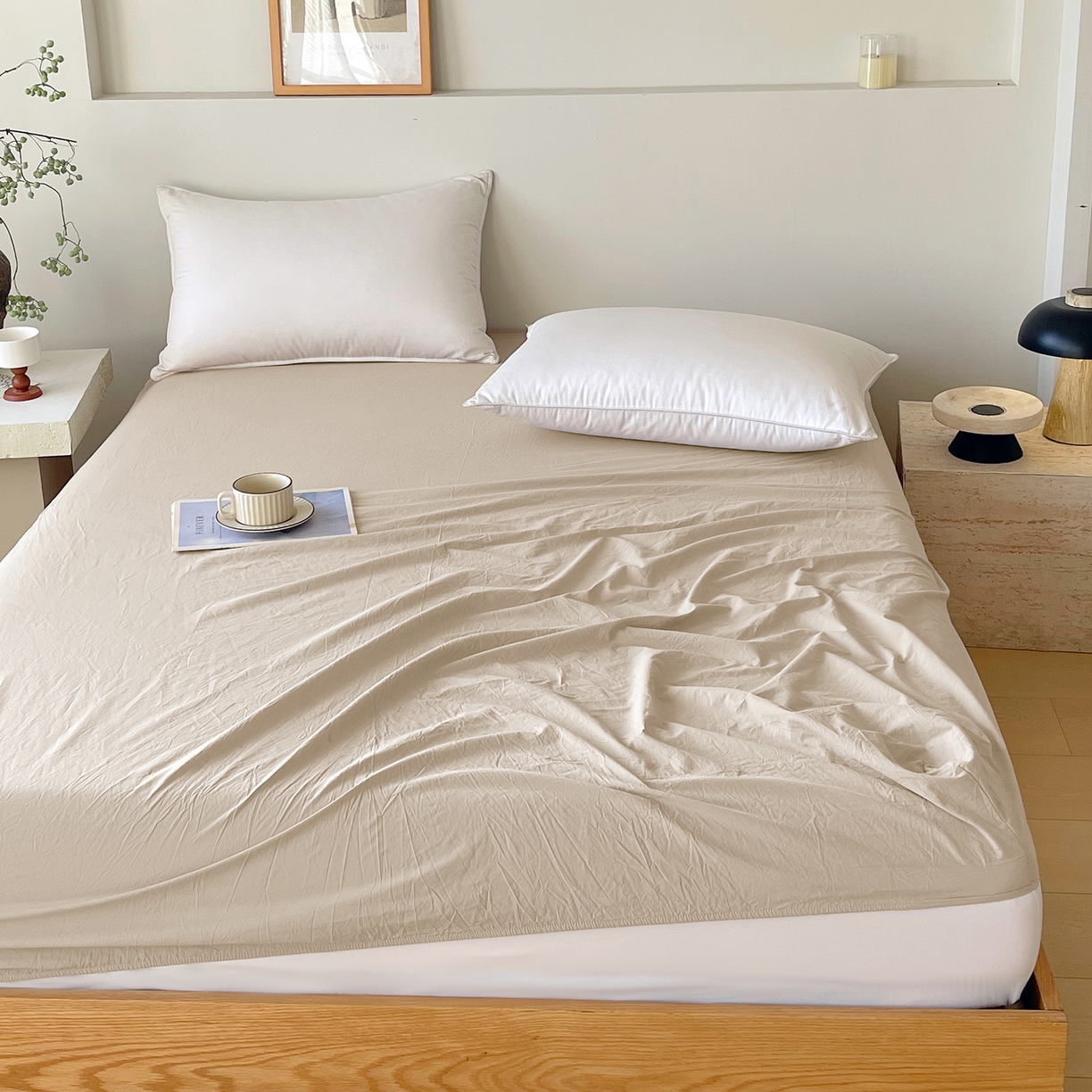 91家纺网 家纺一手货源 找家纺 春皖家纺 2026春夏新款双拼全棉纯棉水洗棉单床笠 床笠单件 素雅卡其