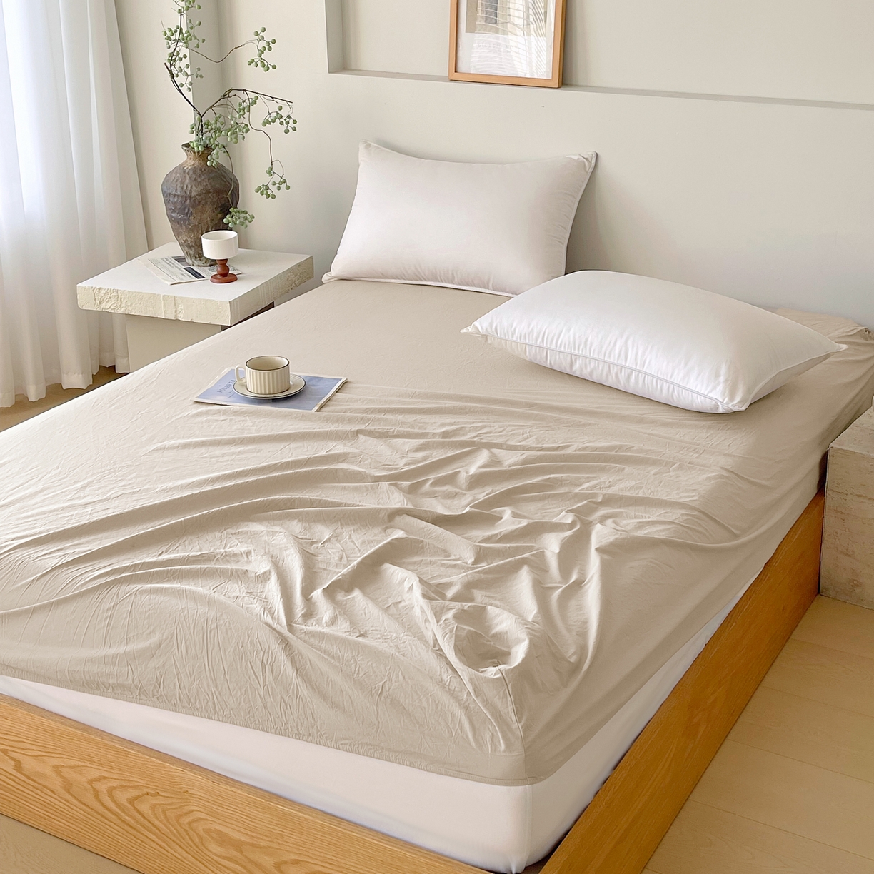 91家纺网 家纺一手货源 找家纺 春皖家纺 2026春夏新款双拼全棉纯棉水洗棉单床笠 床笠单件 素雅卡其